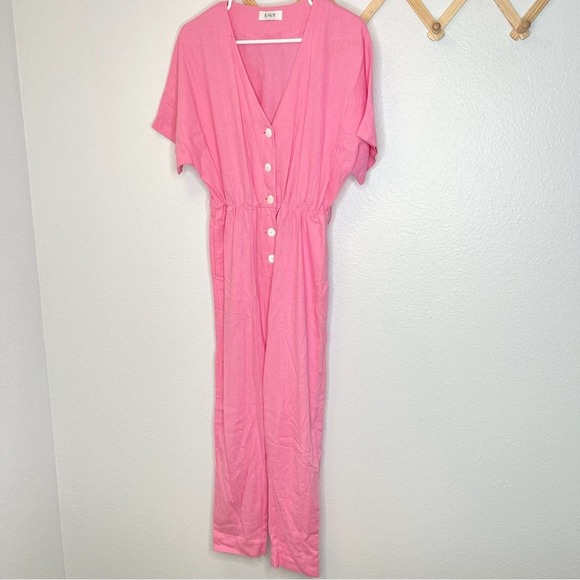 SWF Revolve Pink Linen Blend Button Front Short Sleeve Jumpsuit - Picture 2 of 8